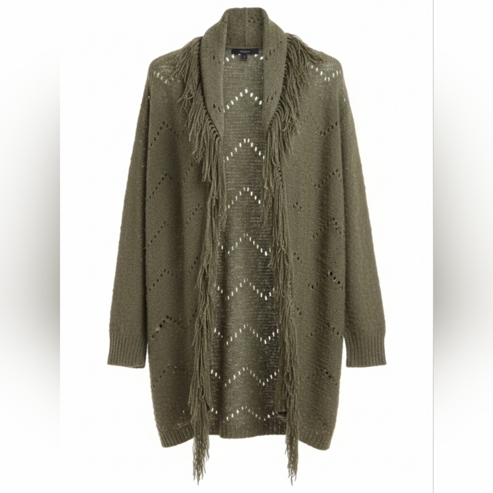 Boho Olive Green Fringe Shawl Cardigan with Convertible Hood